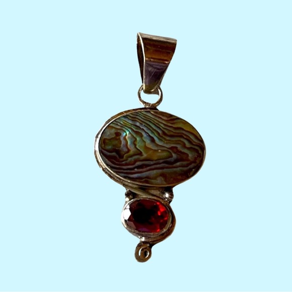Sterling Silver Abalone w Garnet Pendant is New Old Stock with Heavier Sterling. - Picture 3 of 8